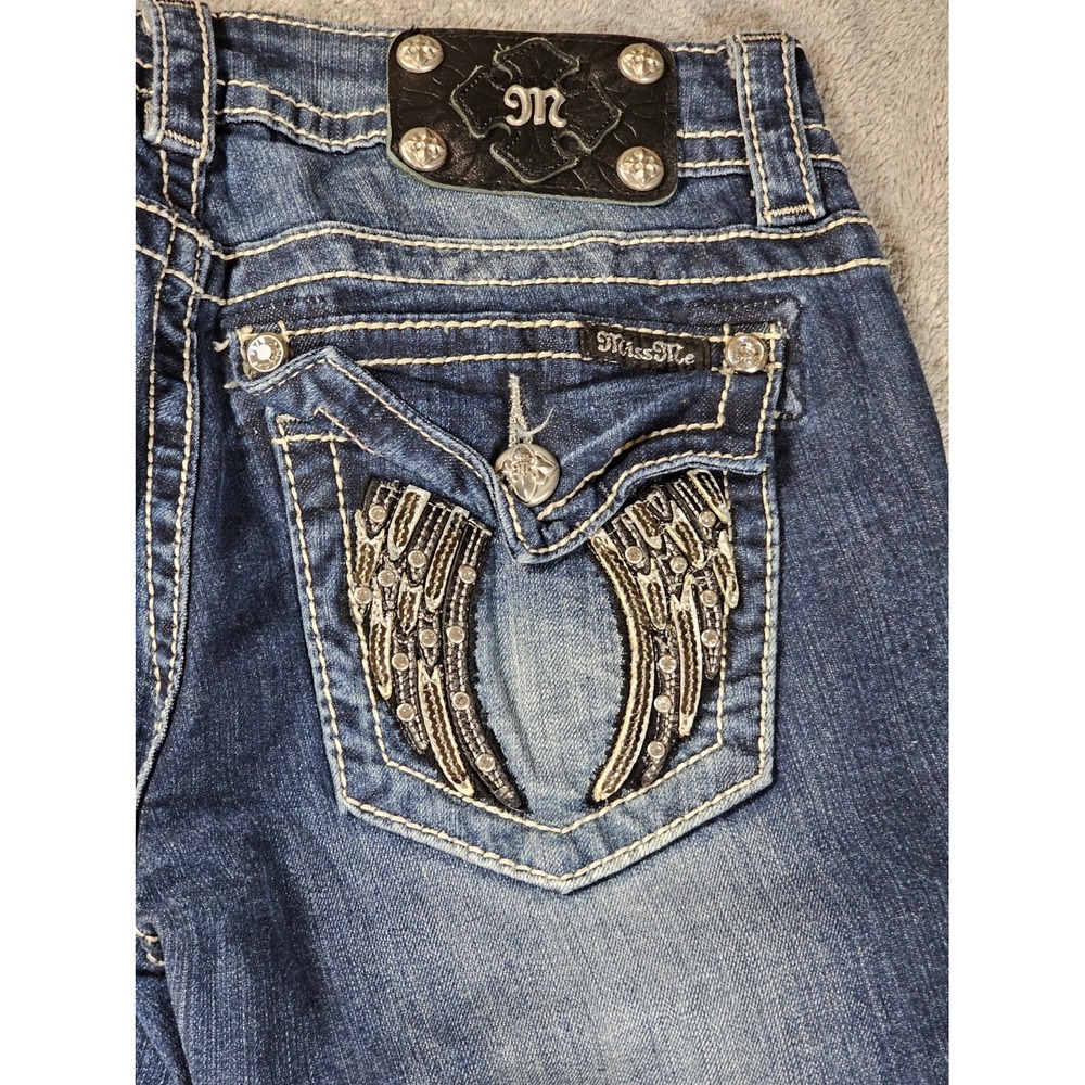 Miss Me Signature Rise Bootcut Jeans Angel Wing Embellished‎ Dark Wash Size 27